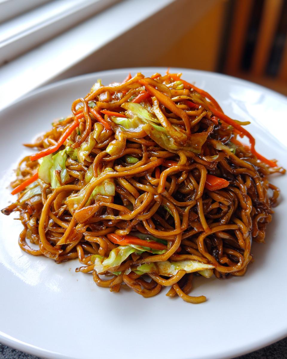 A mound of glossy, dark brown fried noodles mixed with shredded cabbage and carrots served on a white plate.
