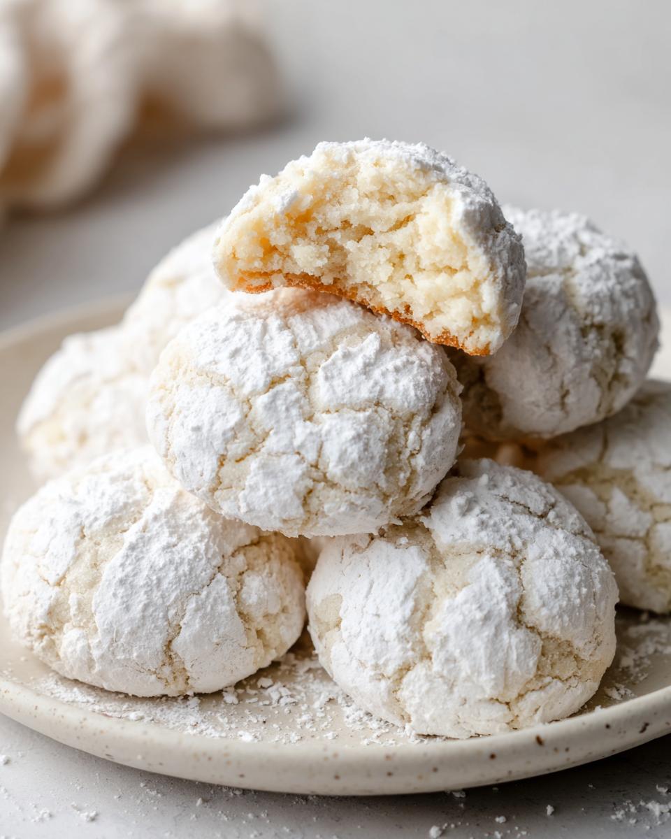 A stack of powdered sugar-dusted cool whip cookies, one broken open showing the soft interior.
