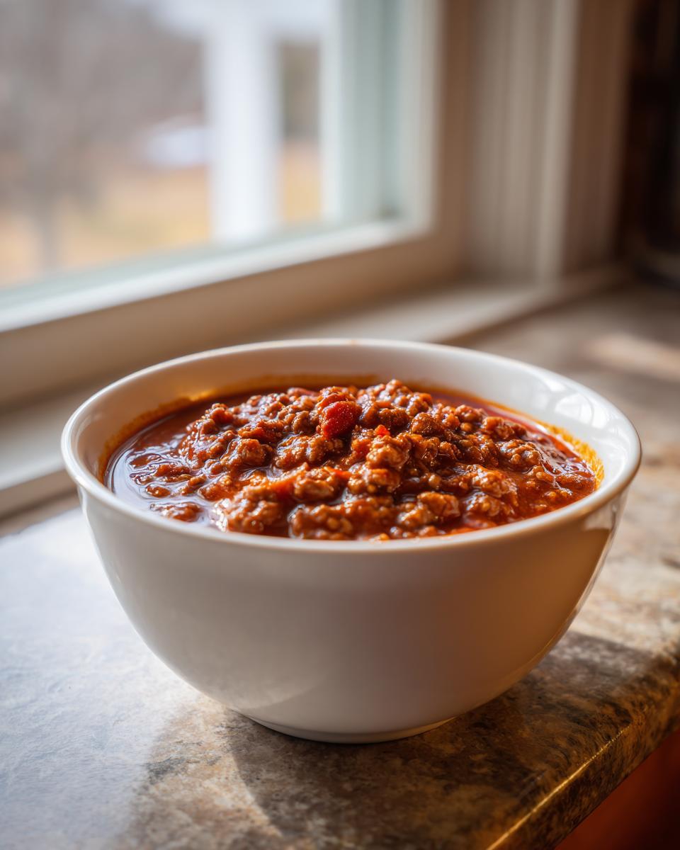 A white bowl filled with rich, hearty chili, sitting on a countertop near a bright window.