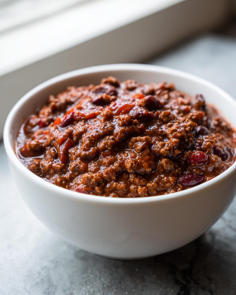 Close-up of a white bowl filled with rich, thick, homemade chili featuring ground meat and kidney beans.
