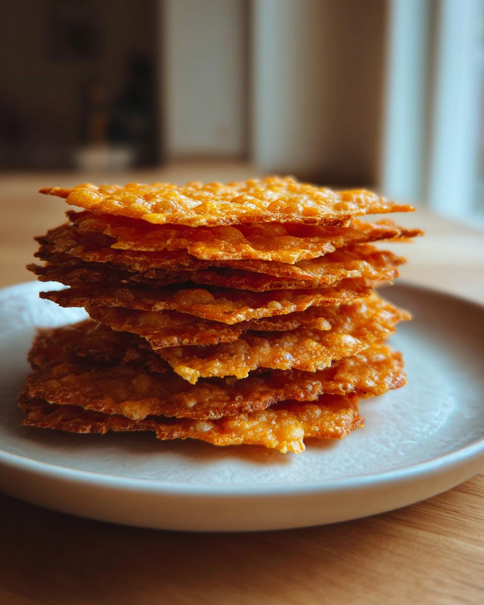 A tall stack of golden brown, crispy cheese crackers resting on a light-colored plate.