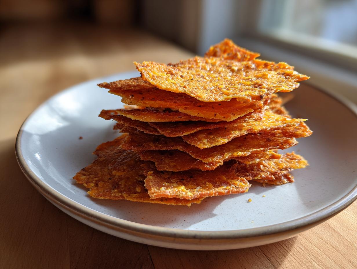 A stack of golden, crispy, homemade cheese crackers seasoned with spices, presented on a small plate.