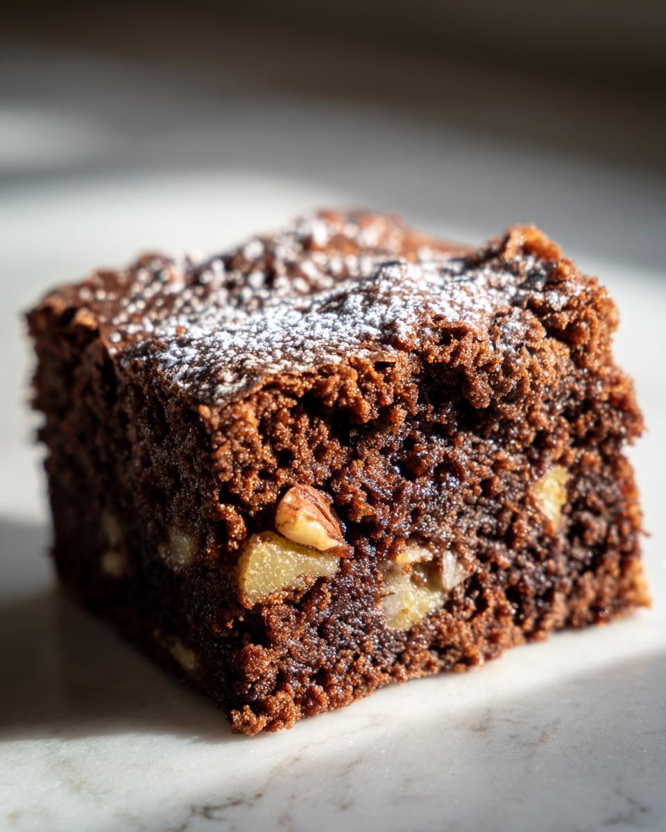 A close-up, rich, dark chocolate square of apple brownies, studded with nuts and dusted with powdered sugar.