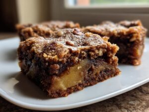 A close-up view of a rich, fudgy apple brownies square showing a layer of cooked apple filling inside, dusted with powdered sugar.
