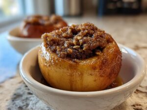 A close-up of one perfectly caramelized baked apples, filled with a brown sugar and nut crumble, served in a white bowl.