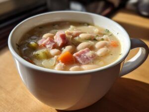 Close-up of a white mug filled with creamy bean soup containing white beans, diced ham, carrots, and celery.