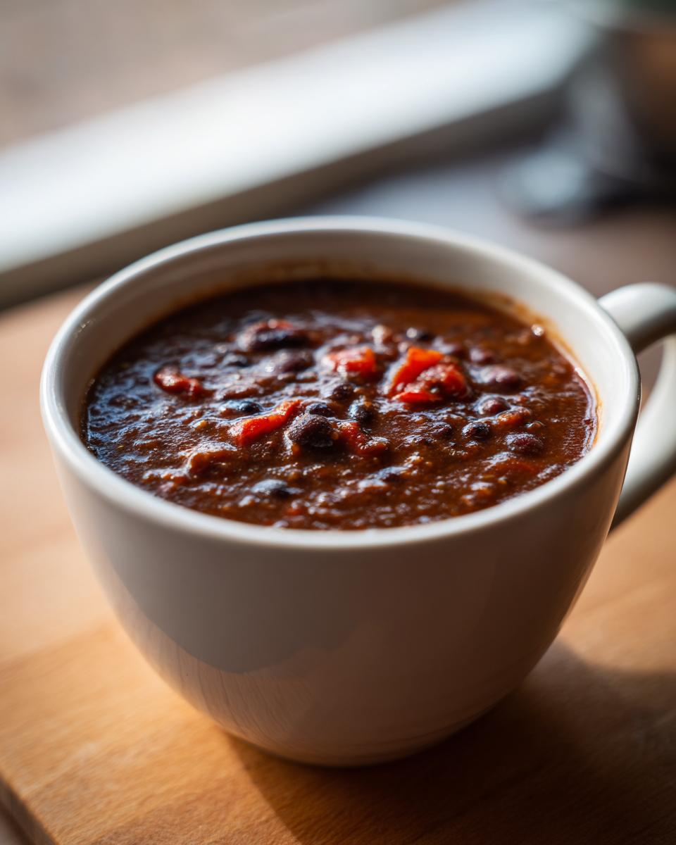 Close-up of rich, dark black bean soup with visible chunks of tomato in a white mug.