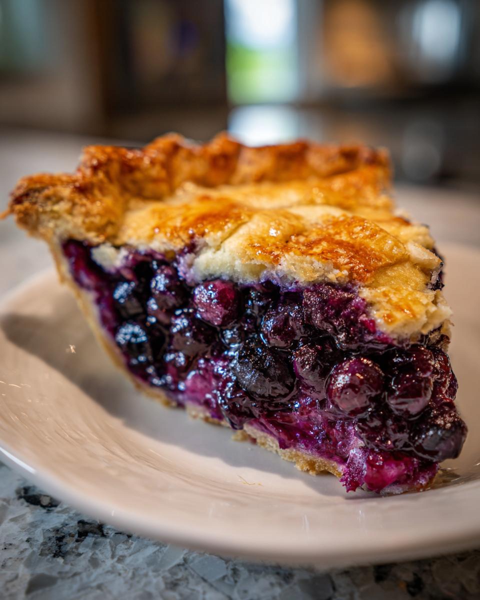 Close-up of a thick slice of amazing blueberry pie recipe showing juicy, dark purple filling and golden crust.