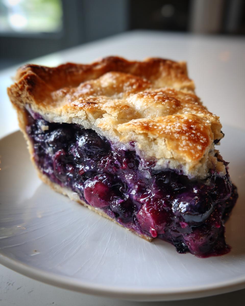 Close-up of a thick slice of amazing blueberry pie recipe showing juicy filling and flaky, sugared crust.