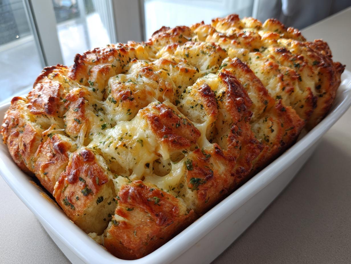 A freshly baked loaf of amazing cheese bread, golden brown and topped with melted cheese and herbs, sitting in a white baking dish.
