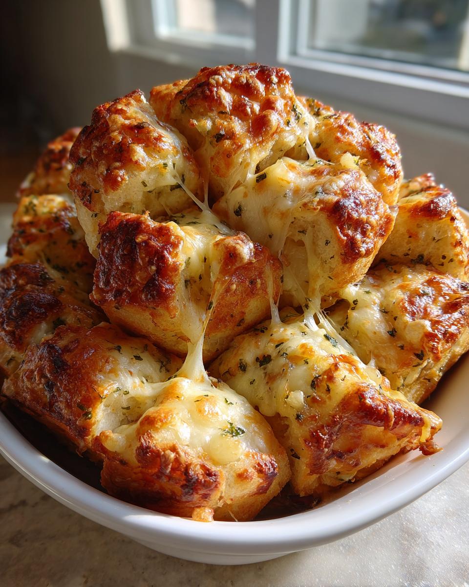 Close-up of gooey, melted cheese pulling apart pieces of golden brown cheese bread, sprinkled with herbs.