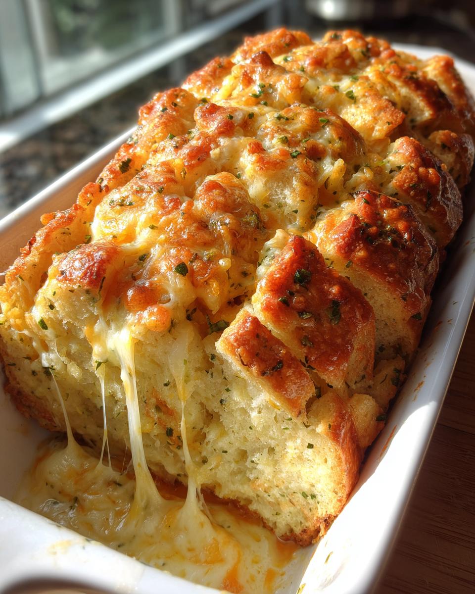 Close-up of hot, baked cheese bread with melted cheese strings pulling apart in a white baking dish.