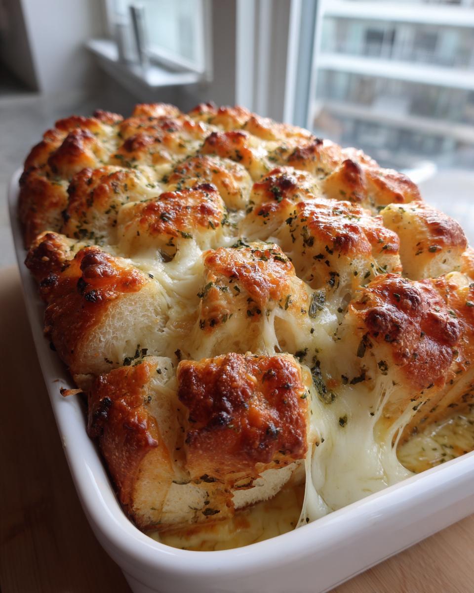 Close-up of baked, pull-apart cheese bread overflowing with melted, stretchy cheese and herbs in a white baking dish.