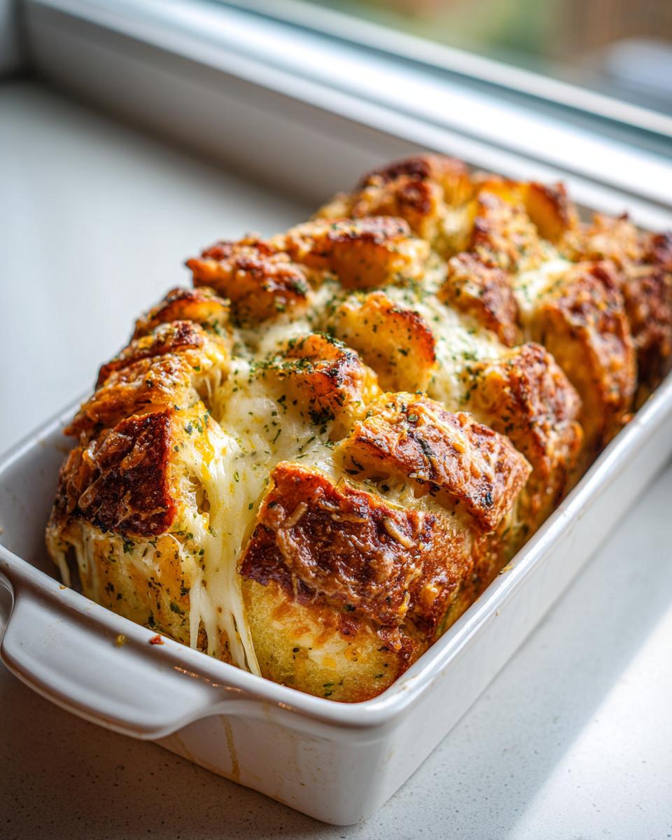 Close-up of baked pull-apart cheese bread in a white dish with melted, gooey cheese.