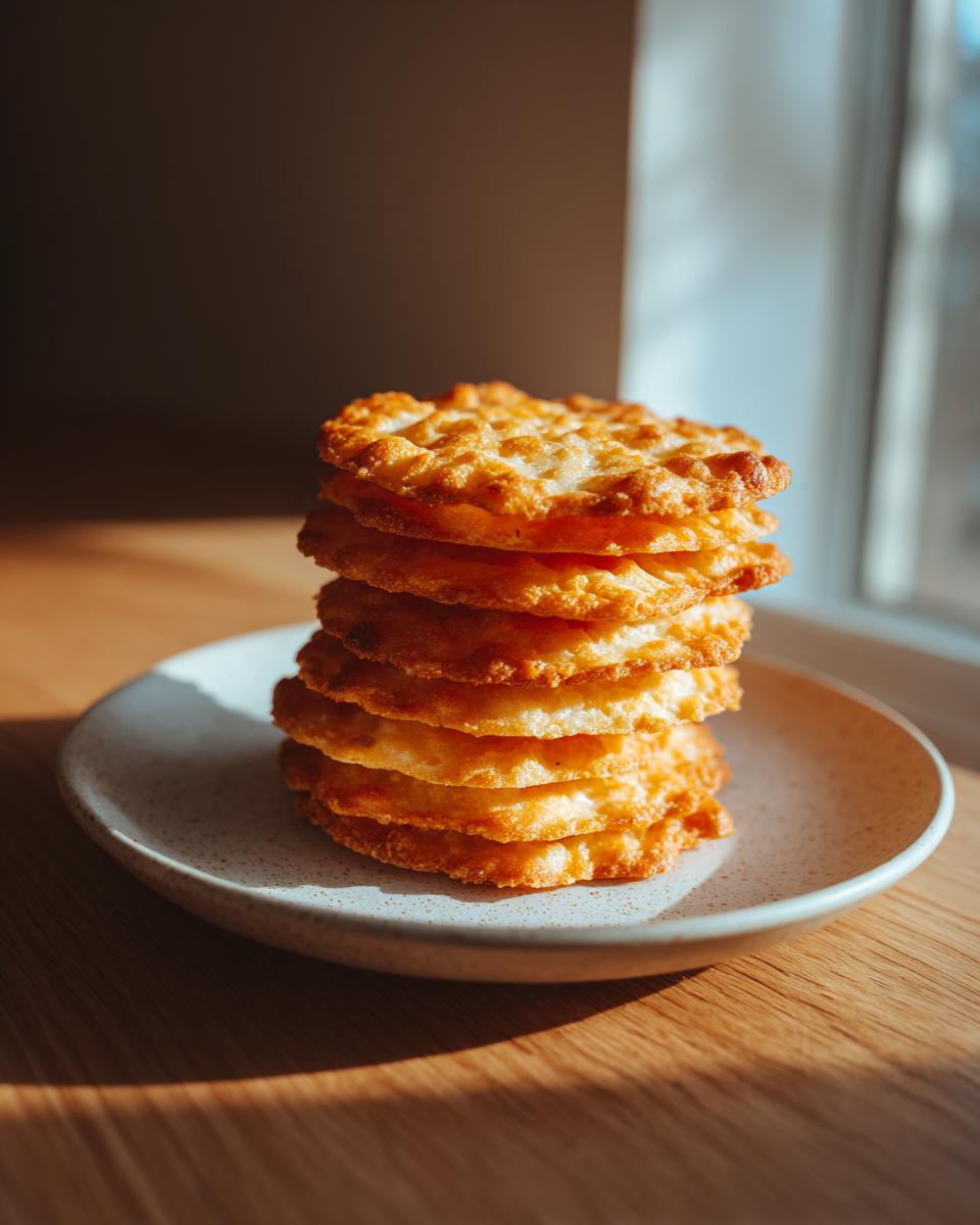 A tall stack of golden, crispy, homemade cheese crackers resting on a speckled ceramic plate.