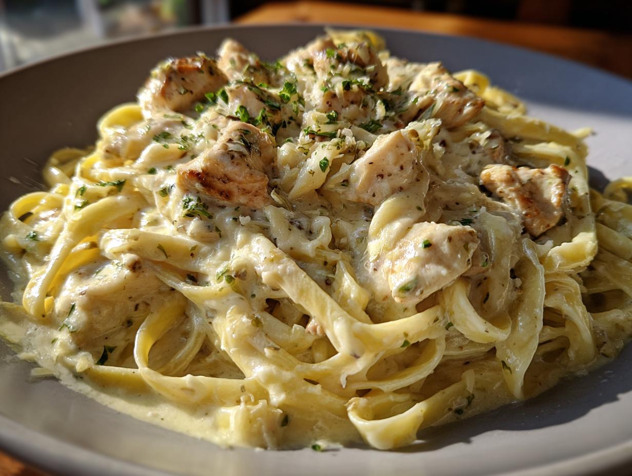 A close-up of a bowl of creamy chicken alfredo pasta, topped with grilled chicken pieces and fresh parsley.
