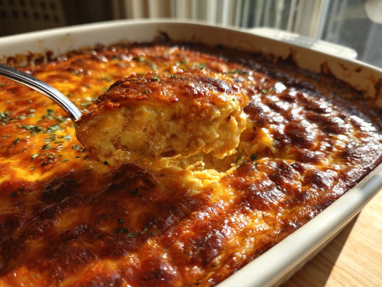 A spoonful of hot, bubbly chicken enchilada dip being lifted from a baked casserole dish with a golden-brown, cheesy crust.