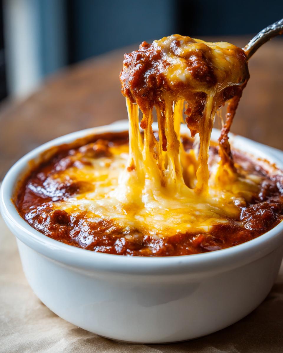 A spoonful of amazing chili cheese dip being lifted, showing long, gooey strings of melted cheese.
