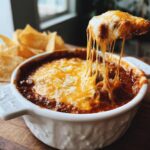 A spoonful of amazing chili cheese dip being lifted, showing long, gooey cheese pulls over the hot dip.