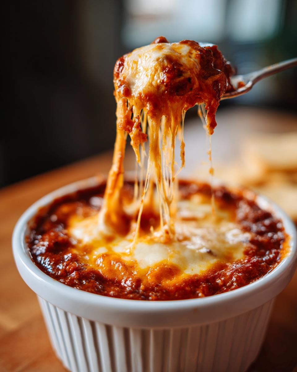 A spoonful of hot chili cheese dip showing a dramatic, long cheese pull from the baked topping.