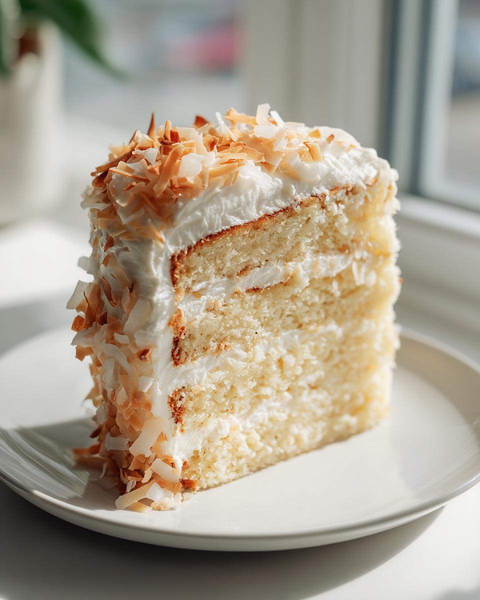A tall slice of three-layer coconut cake with white frosting and toasted coconut flakes.