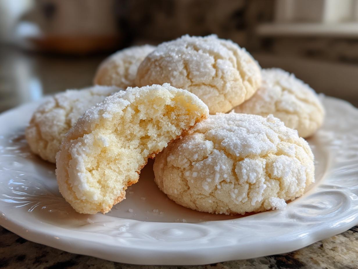 Close-up of soft, sugar-coated cool whip cookies, one broken open showing the fluffy interior.
