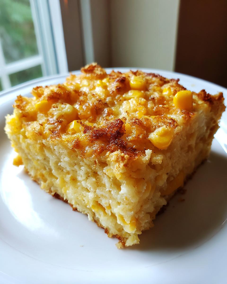 A square slice of baked cream cheese corn casserole with golden brown topping and visible corn kernels.