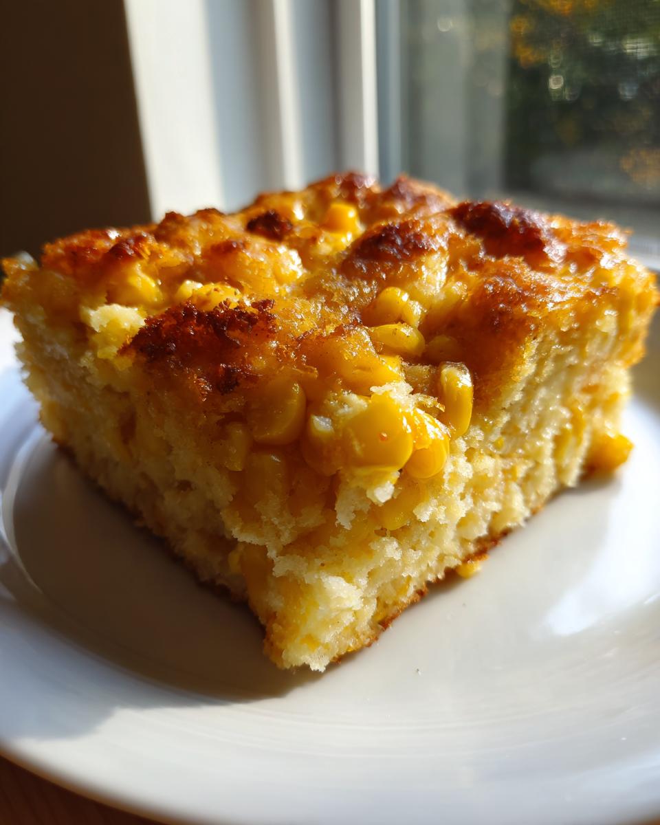 A square slice of moist cream cheese corn casserole with a golden, slightly browned top, served on a white plate.