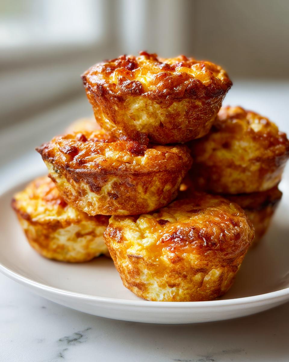 A close-up stack of freshly baked, golden brown egg bites on a white plate.