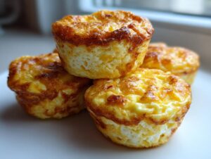 A stack of four golden brown, fluffy egg bites fresh from the oven, perfect for a quick breakfast.