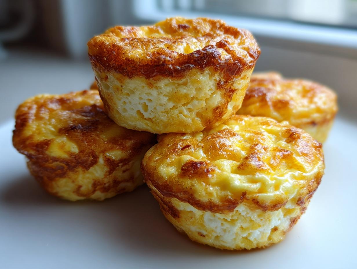 A stack of four golden brown, fluffy egg bites fresh from the oven, perfect for a quick breakfast.