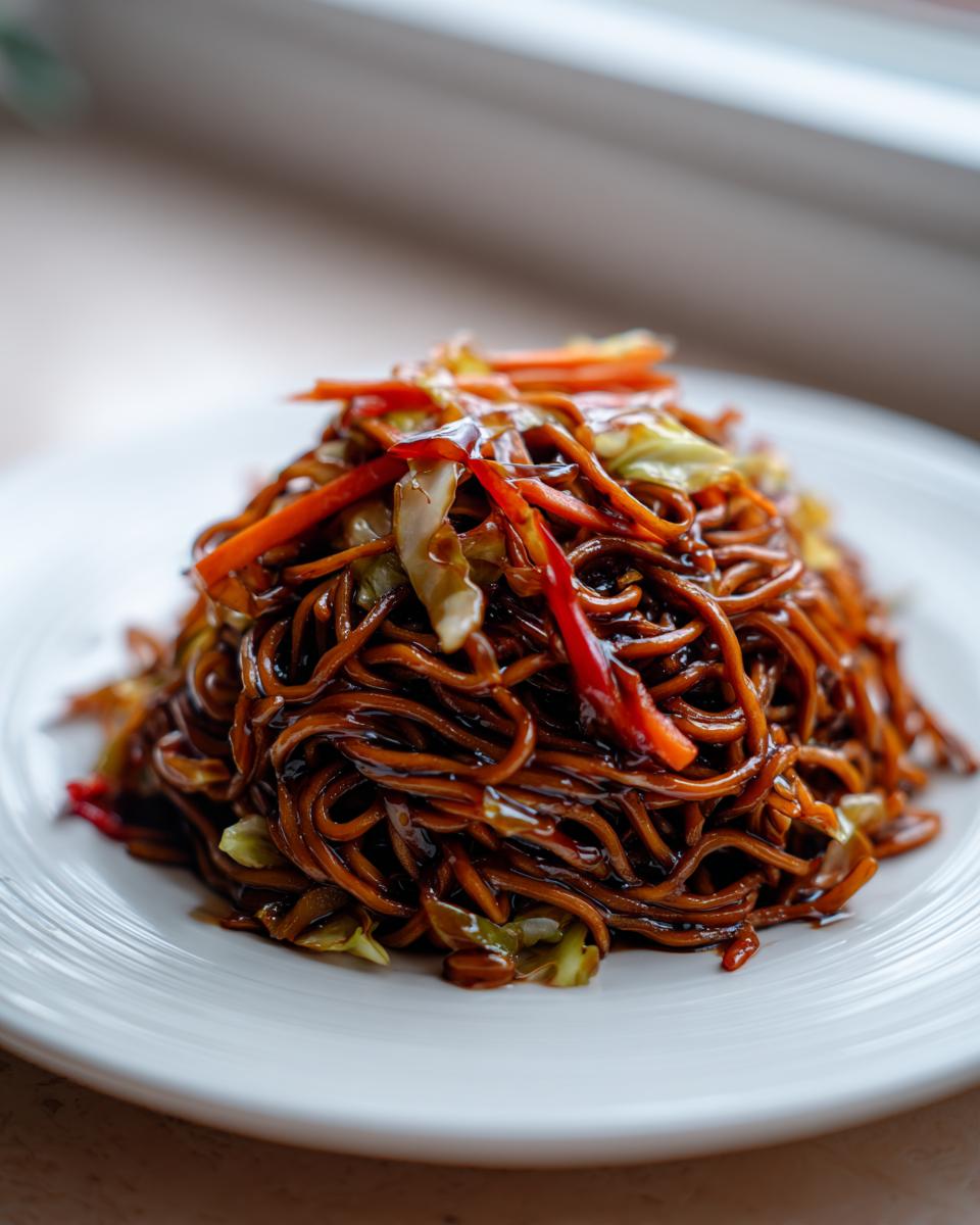A mound of glossy, dark sauce fried noodles mixed with shredded cabbage and carrots served on a white plate.