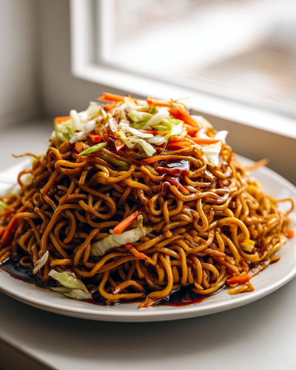 A large mound of glossy, dark brown fried noodles topped with shredded cabbage and carrots, ready to eat.