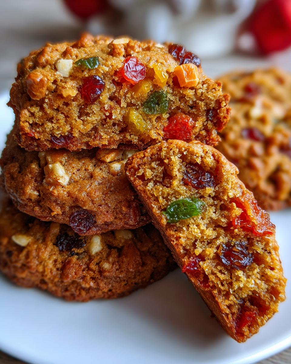 A stack of amazing fruitcake cookies, one broken open to show candied fruit and nuts inside.