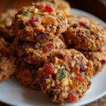 A close-up stack of delicious fruitcake cookies loaded with candied fruit and nuts on a white plate.