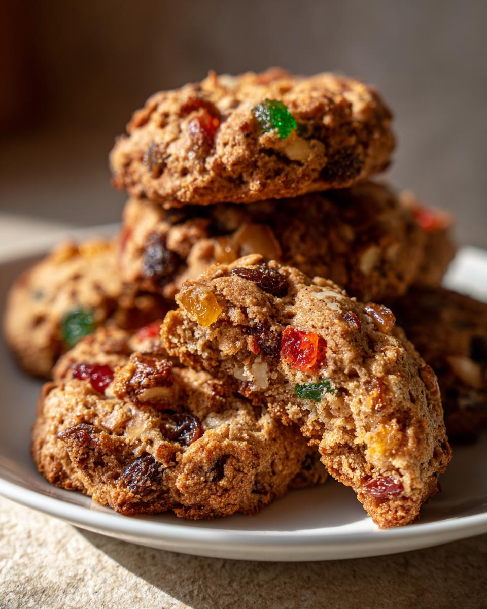 A stack of freshly baked fruitcake cookies, one broken open to show candied fruit and nuts inside.