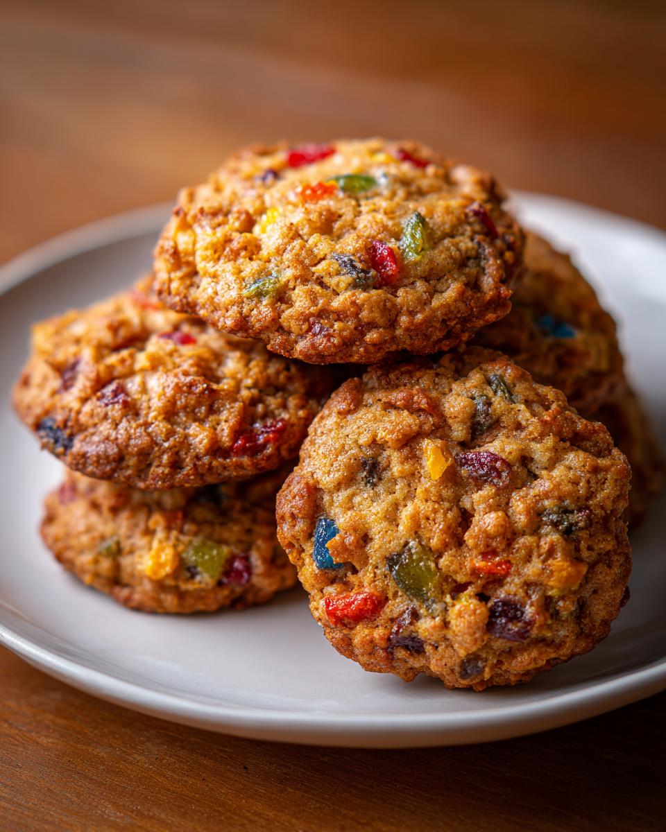 A close-up stack of golden brown fruitcake cookies studded with colorful candied fruit pieces.