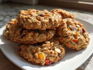 A stack of freshly baked fruitcake cookies loaded with dried fruit and oats, sitting on a white plate.