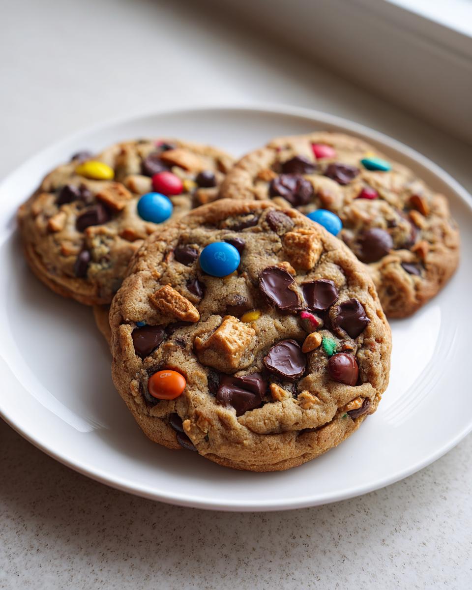 Close-up of three freshly baked kitchen sink cookies loaded with chocolate chunks and colorful M&Ms on a white plate.