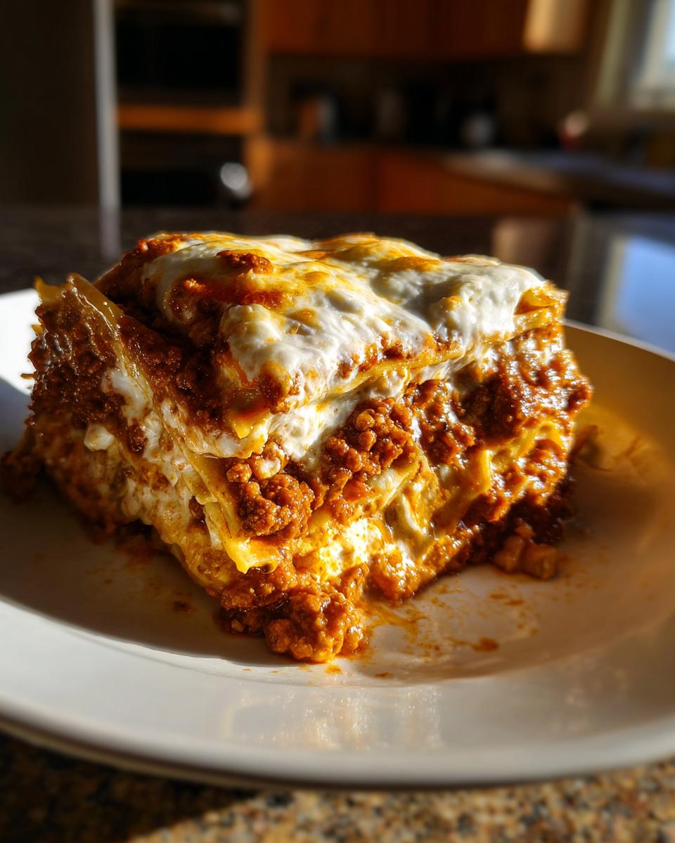 A decadent, cheesy slice of homemade lasagna with rich meat sauce, perfectly baked.