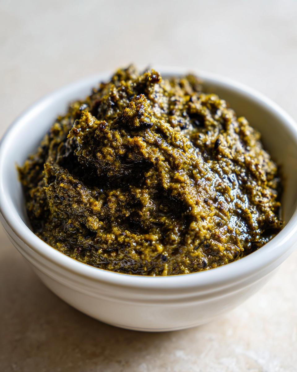 A close-up of thick, richly textured green olive dip served in a small white bowl.