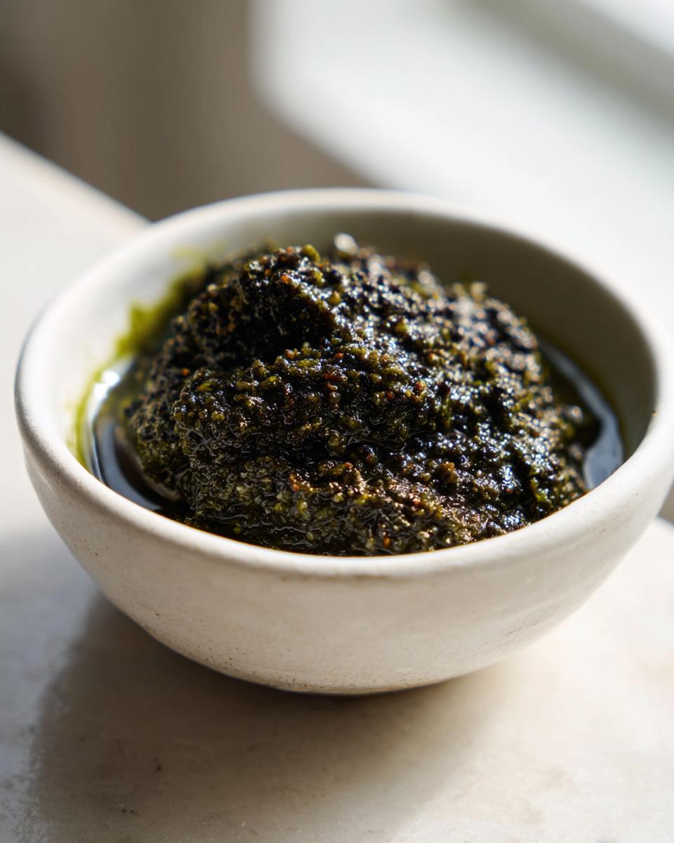 Close-up of a rich, dark, textured olive dip served in a small, rustic white bowl.