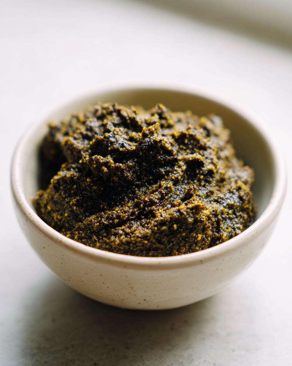 Close-up of a rustic, dark green olive dip texture served in a small speckled ceramic bowl.