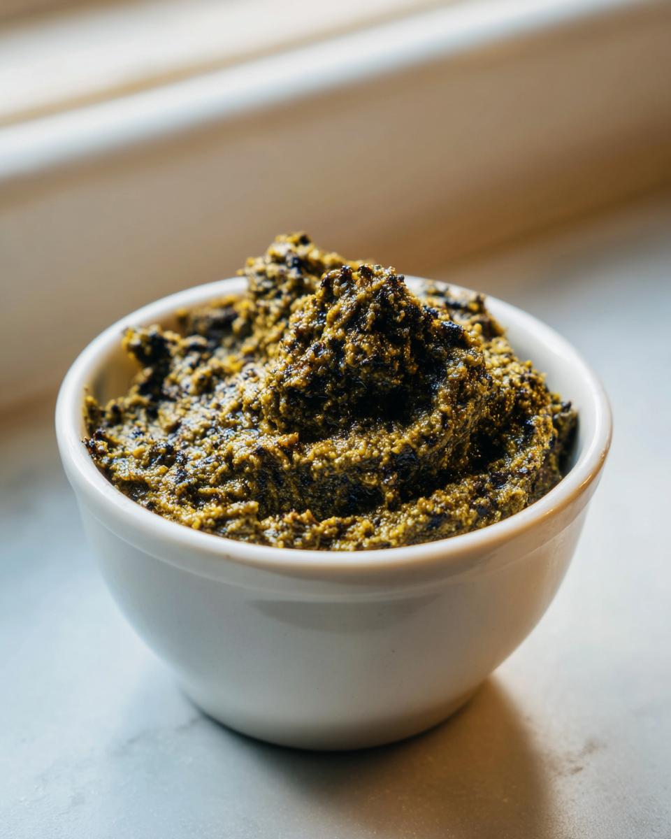 A small white bowl filled with thick, textured green olive dip, sitting on a light countertop.