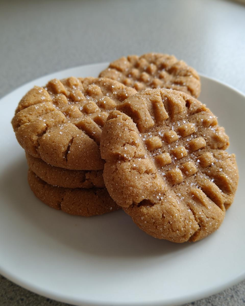 Close-up of a stack of freshly baked peanut butter cookies showing the classic crosshatch pattern and sugar crystals.