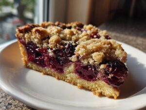 A close-up of a slice of amazing plum cake showing rich purple fruit filling and a golden crumb topping.