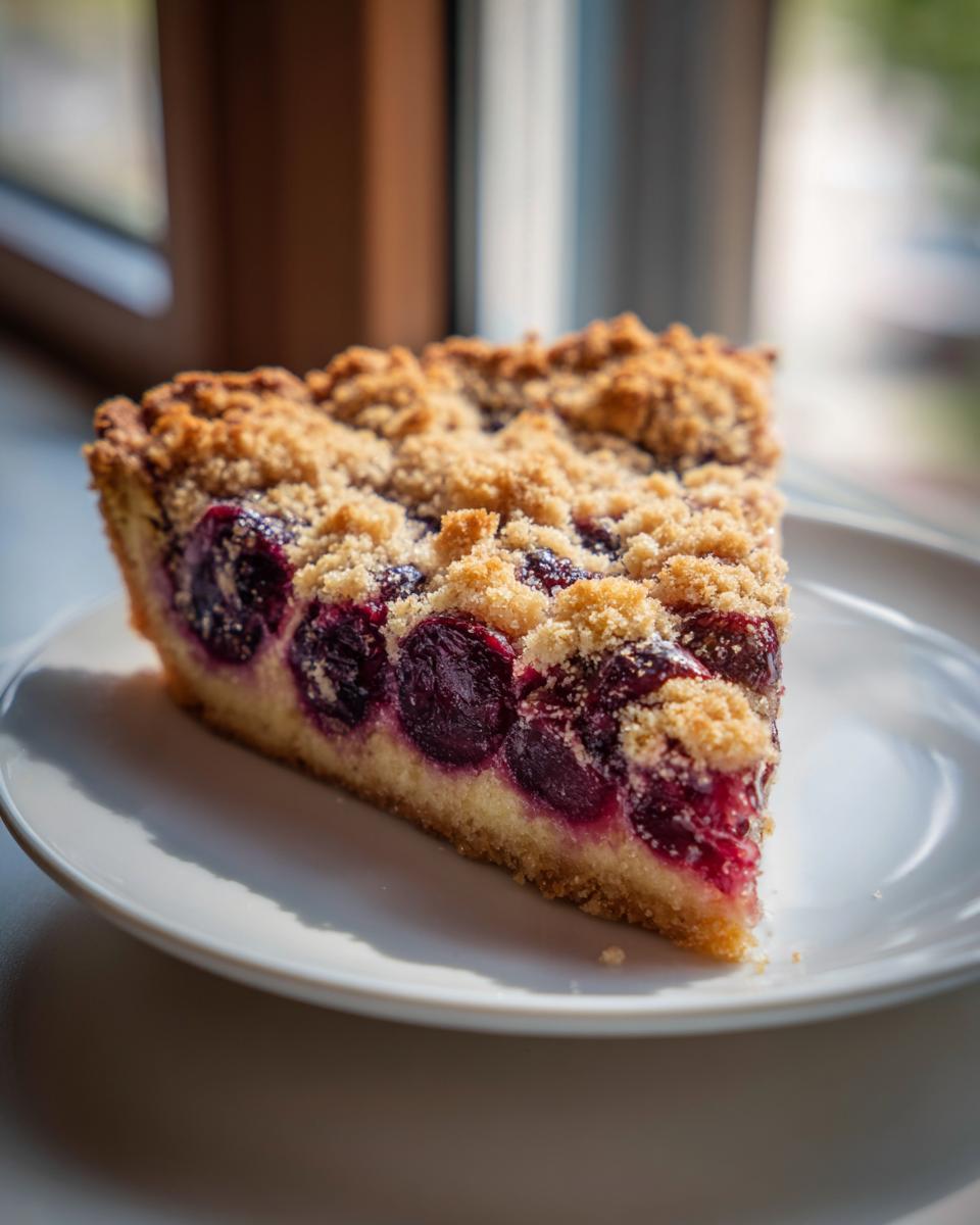 A moist slice of plum cake featuring dark purple fruit and a golden streusel topping on a white plate.