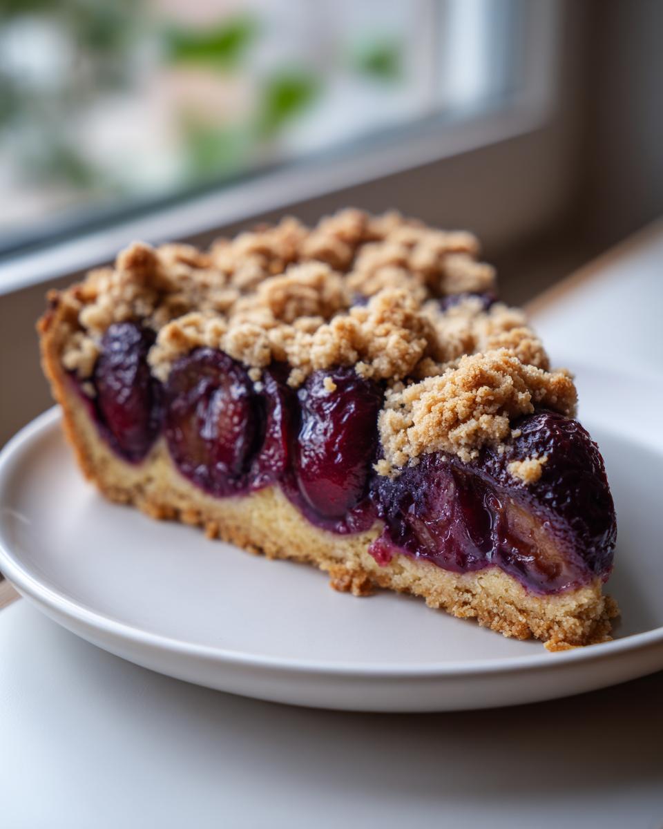A close-up of a thick slice of plum cake featuring dark, juicy plums and a buttery crumble topping.