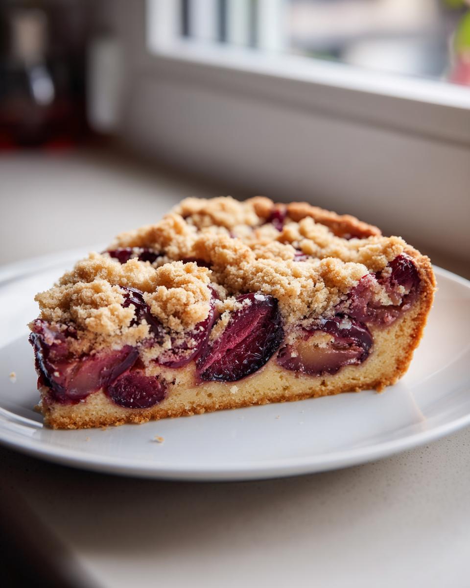 A delicious slice of plum cake featuring baked purple plums and a thick, golden streusel topping.