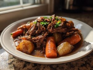 A serving of tender, shredded pot roast mixed with cooked carrots and potatoes in rich gravy, garnished with parsley.